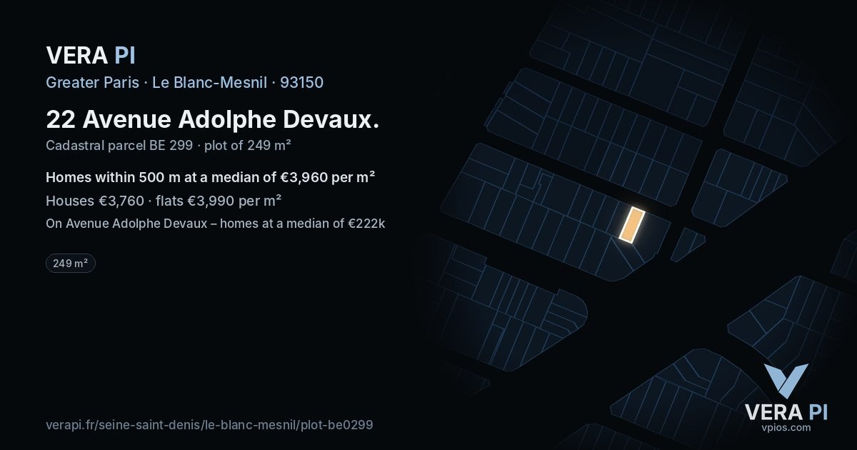 22 Avenue Adolphe Devaux, Le Blanc-Mesnil at night – the plot lit, the parcels around coloured by the prices near them