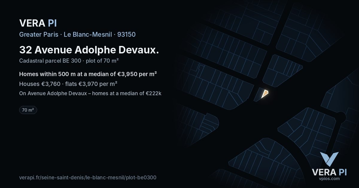 32 Avenue Adolphe Devaux, Le Blanc-Mesnil at night – the plot lit, the parcels around coloured by the prices near them