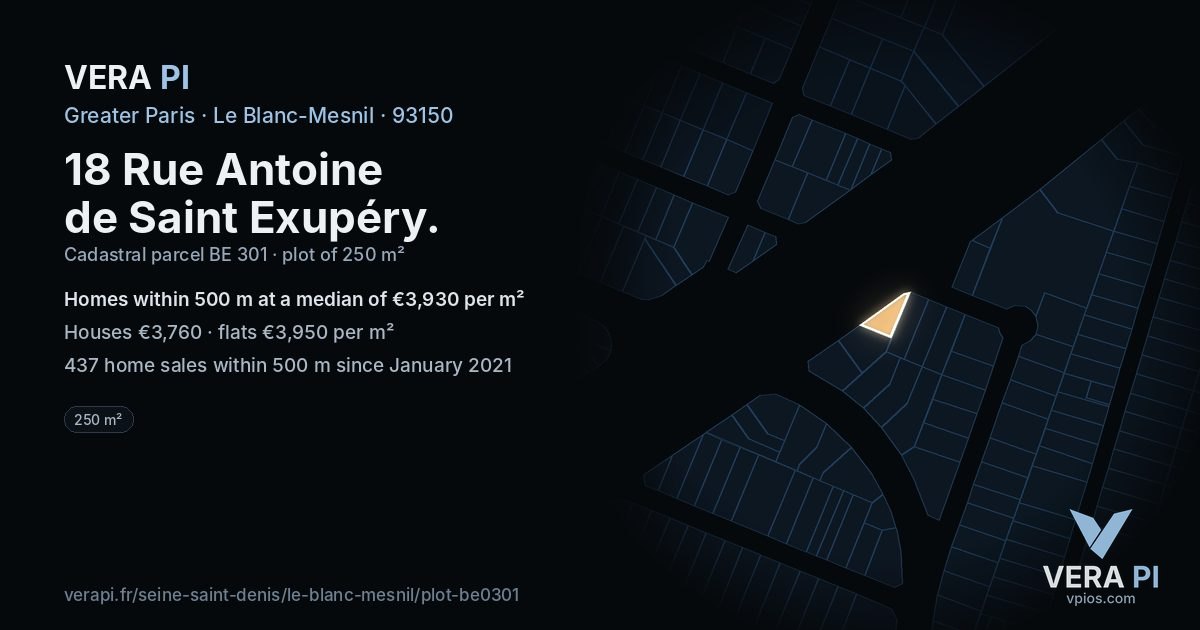 18 Rue Antoine de Saint Exupéry, Le Blanc-Mesnil at night – the plot lit, the parcels around coloured by the prices near them