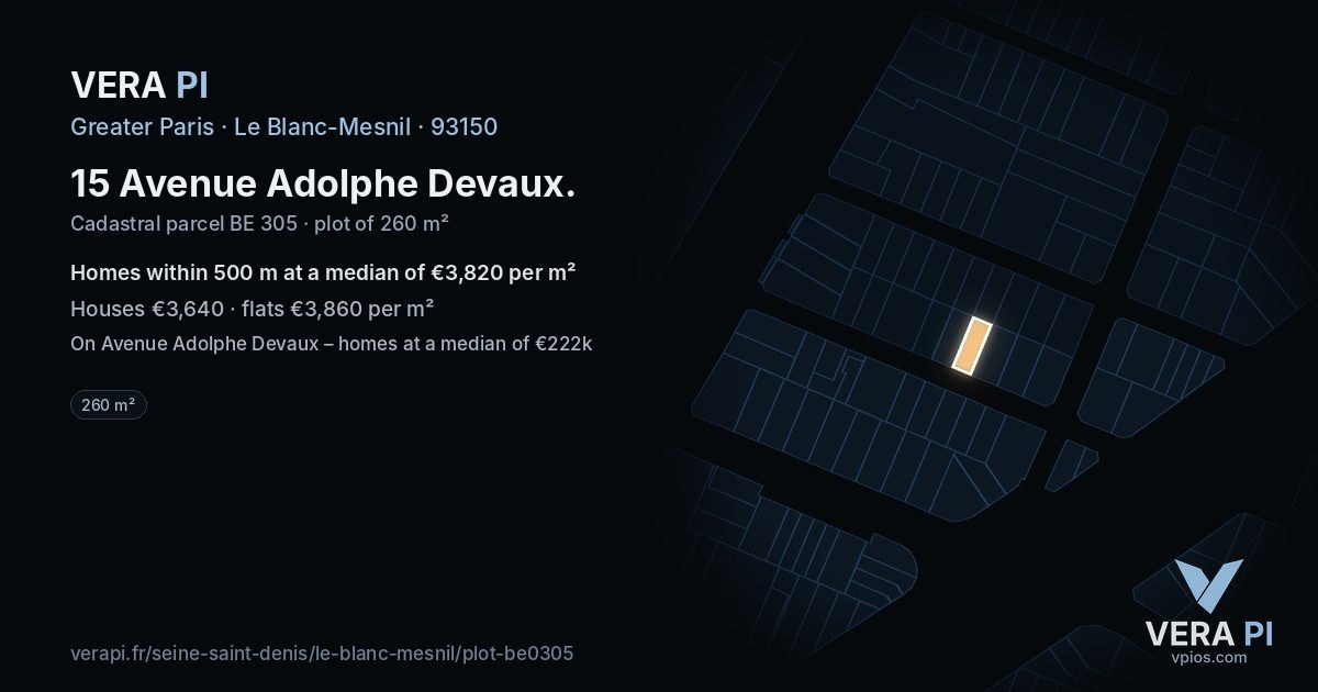 15 Avenue Adolphe Devaux, Le Blanc-Mesnil at night – the plot lit, the parcels around coloured by the prices near them