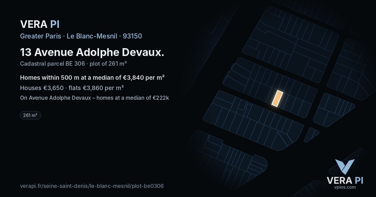 13 Avenue Adolphe Devaux, Le Blanc-Mesnil at night – the plot lit, the parcels around coloured by the prices near them