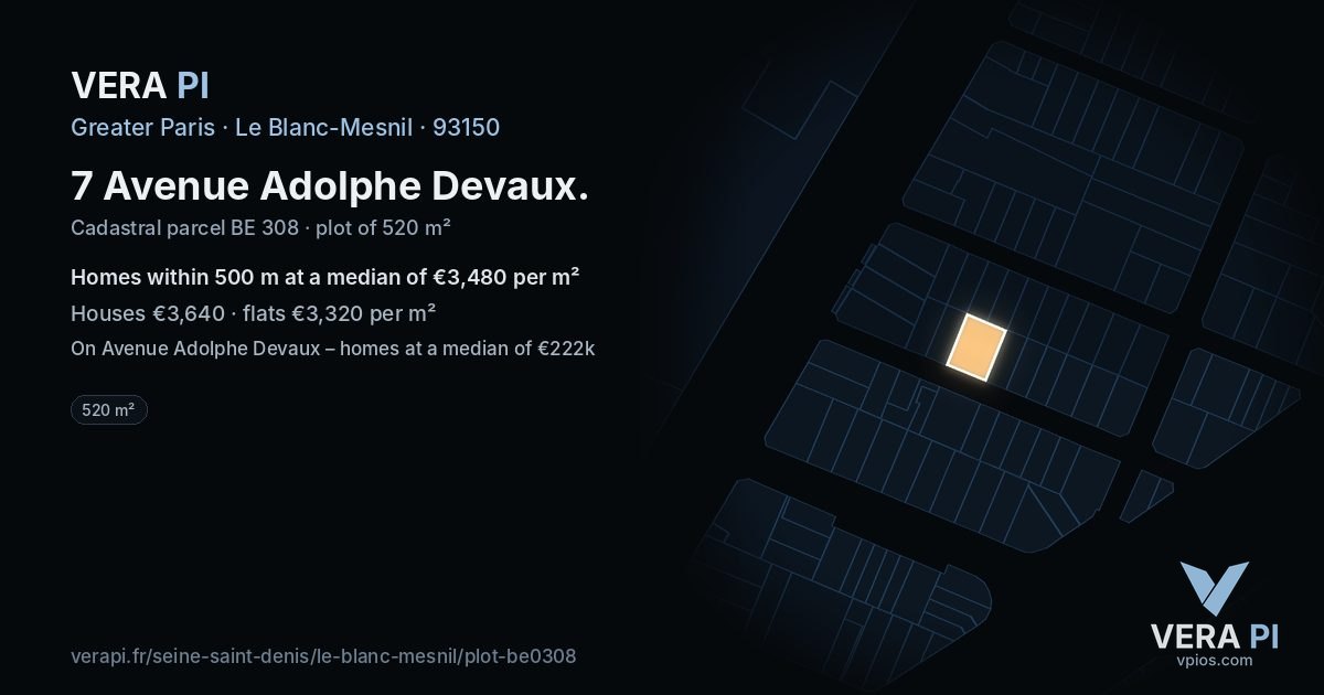 7 Avenue Adolphe Devaux, Le Blanc-Mesnil at night – the plot lit, the parcels around coloured by the prices near them