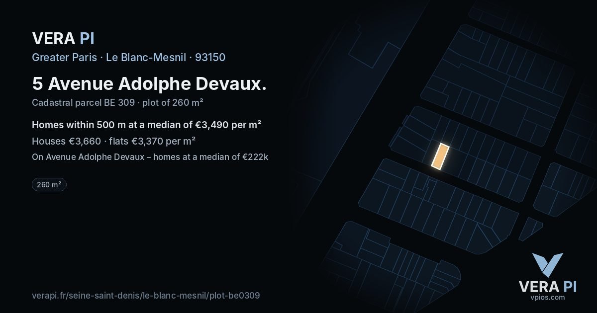 5 Avenue Adolphe Devaux, Le Blanc-Mesnil at night – the plot lit, the parcels around coloured by the prices near them
