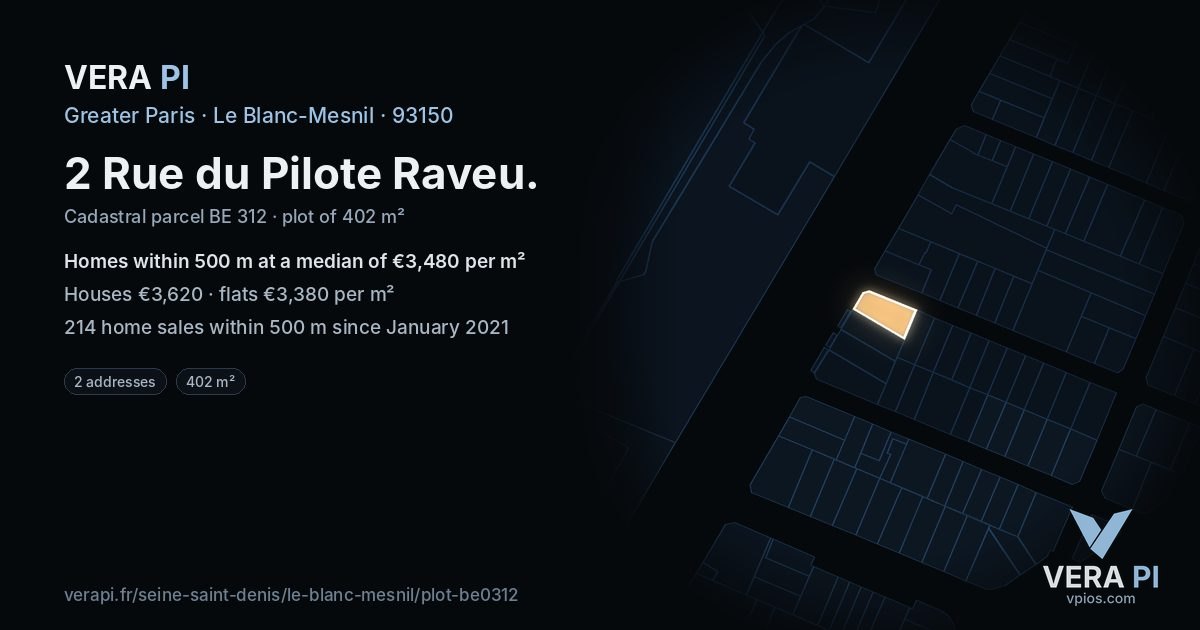 2 Rue du Pilote Raveu, Le Blanc-Mesnil at night – the plot lit, the parcels around coloured by the prices near them