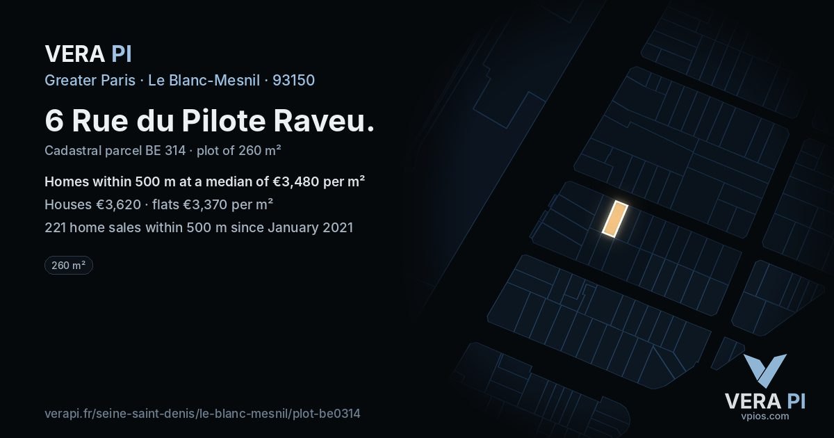 6 Rue du Pilote Raveu, Le Blanc-Mesnil at night – the plot lit, the parcels around coloured by the prices near them