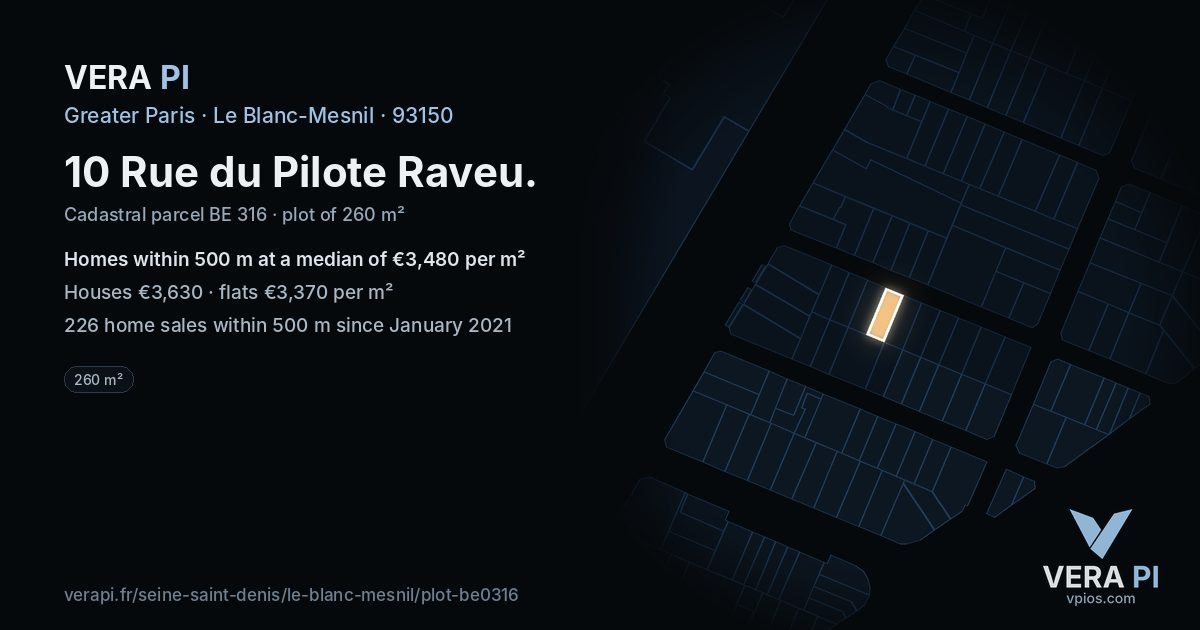 10 Rue du Pilote Raveu, Le Blanc-Mesnil at night – the plot lit, the parcels around coloured by the prices near them