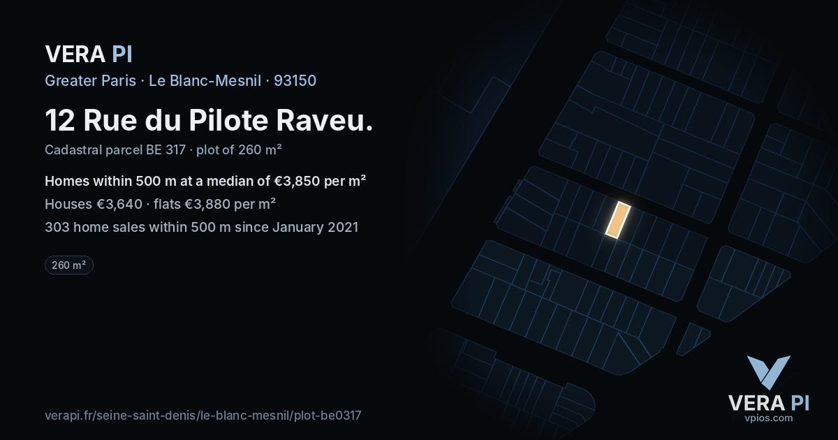 12 Rue du Pilote Raveu, Le Blanc-Mesnil at night – the plot lit, the parcels around coloured by the prices near them