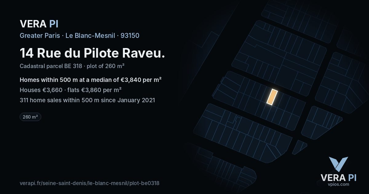 14 Rue du Pilote Raveu, Le Blanc-Mesnil at night – the plot lit, the parcels around coloured by the prices near them