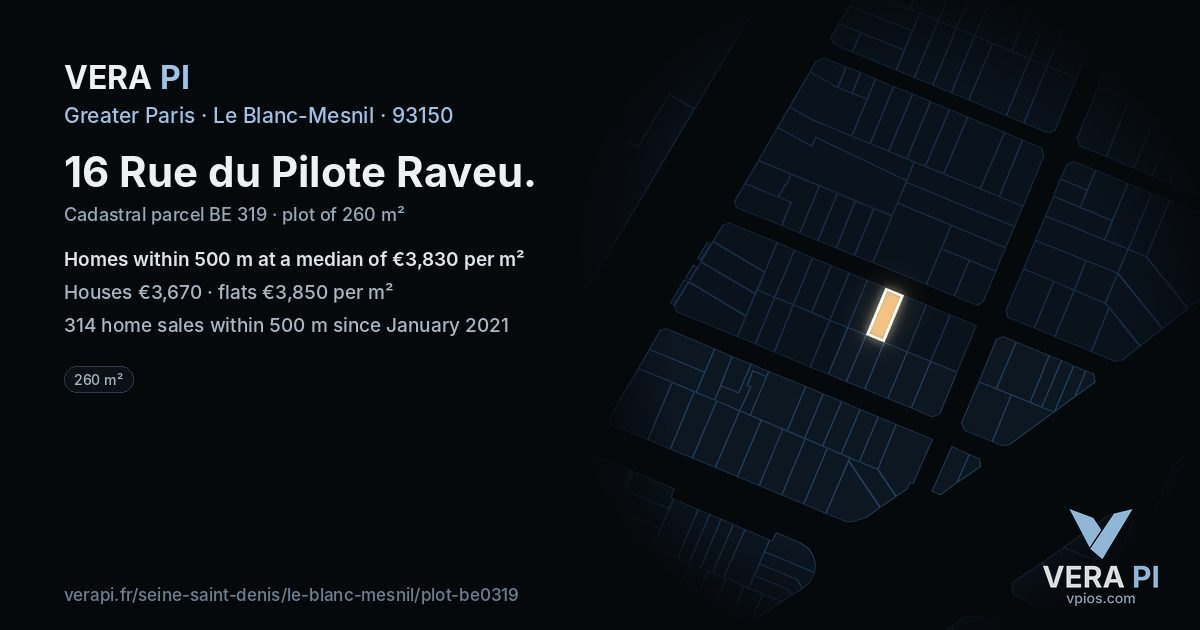 16 Rue du Pilote Raveu, Le Blanc-Mesnil at night – the plot lit, the parcels around coloured by the prices near them