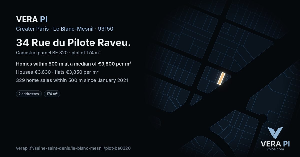34 Rue du Pilote Raveu, Le Blanc-Mesnil at night – the plot lit, the parcels around coloured by the prices near them
