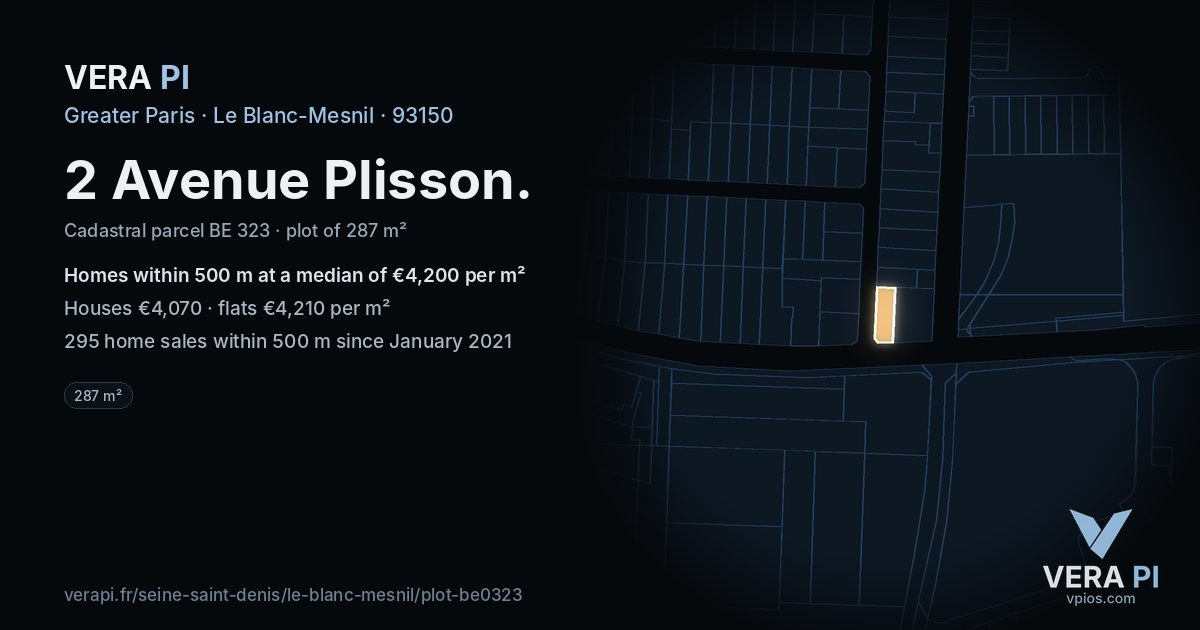 2 Avenue Plisson, Le Blanc-Mesnil at night – the plot lit, the parcels around coloured by the prices near them