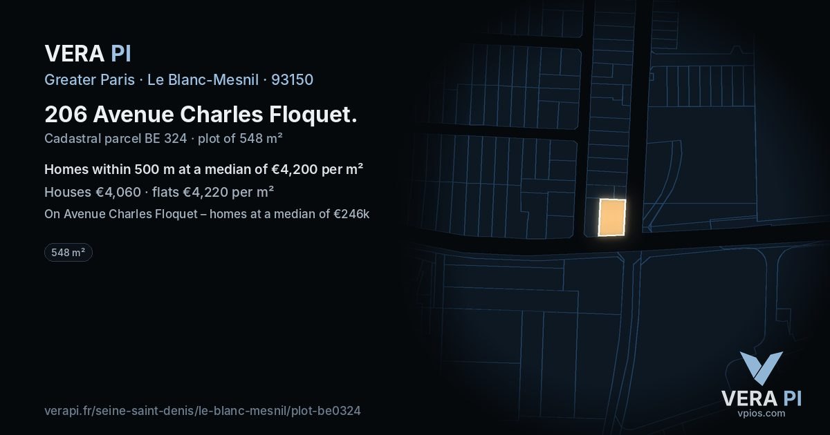 206 Avenue Charles Floquet, Le Blanc-Mesnil at night – the plot lit, the parcels around coloured by the prices near them