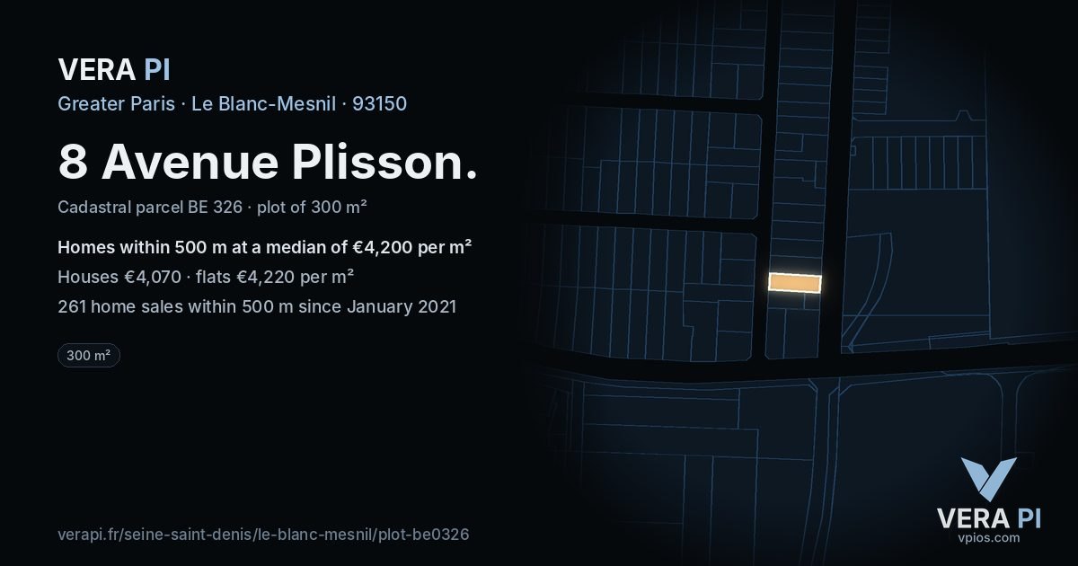 8 Avenue Plisson, Le Blanc-Mesnil at night – the plot lit, the parcels around coloured by the prices near them