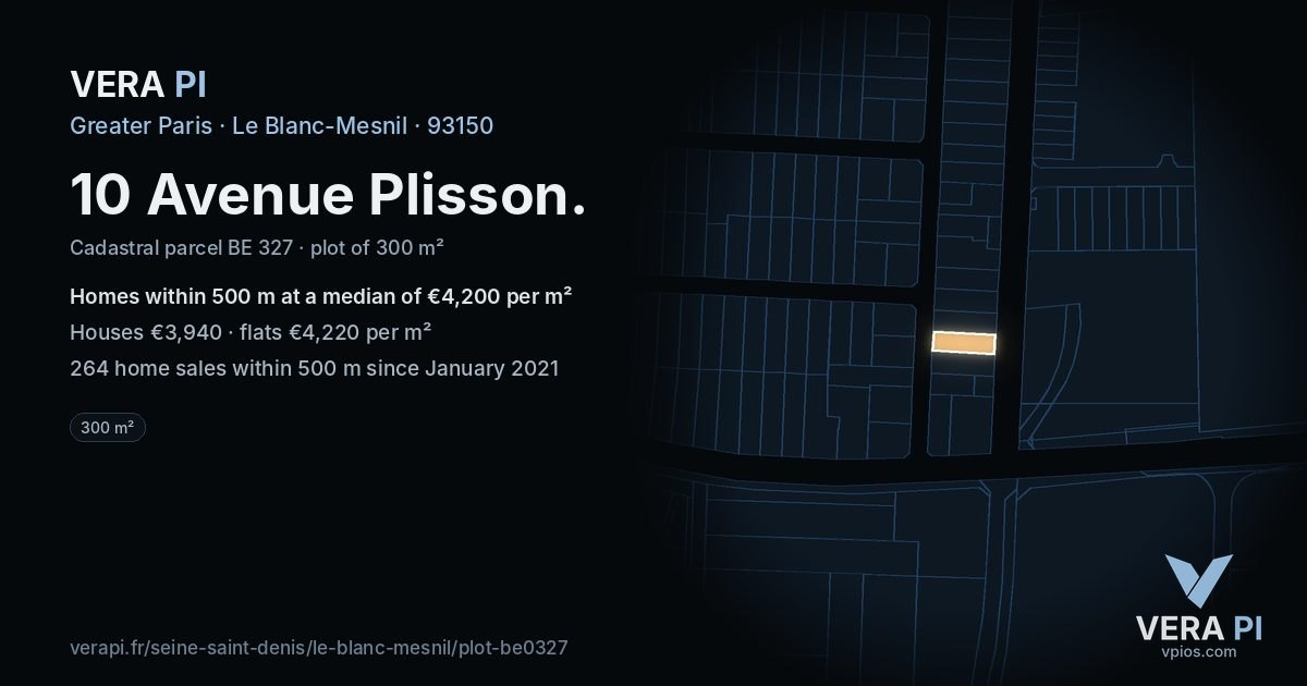 10 Avenue Plisson, Le Blanc-Mesnil at night – the plot lit, the parcels around coloured by the prices near them
