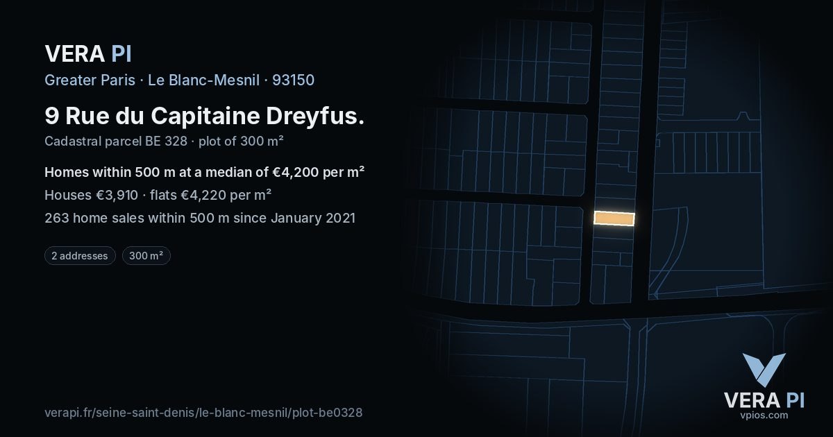 9 Rue du Capitaine Dreyfus, Le Blanc-Mesnil at night – the plot lit, the parcels around coloured by the prices near them
