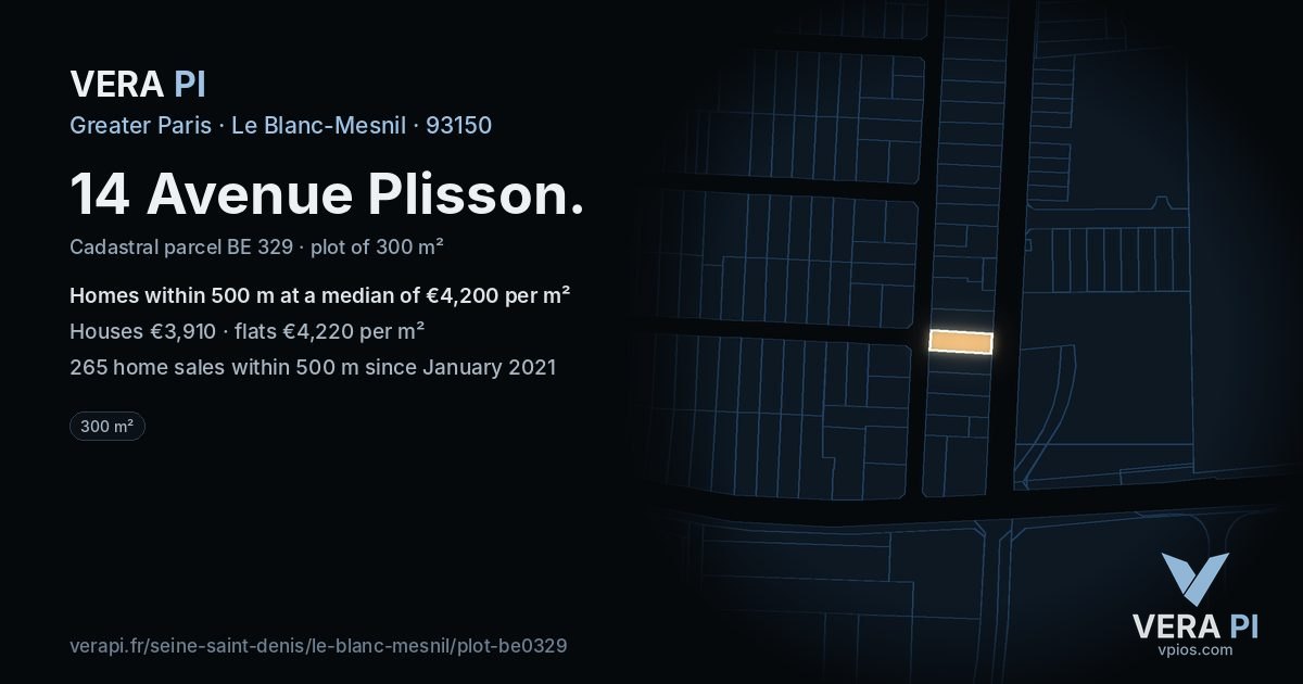 14 Avenue Plisson, Le Blanc-Mesnil at night – the plot lit, the parcels around coloured by the prices near them