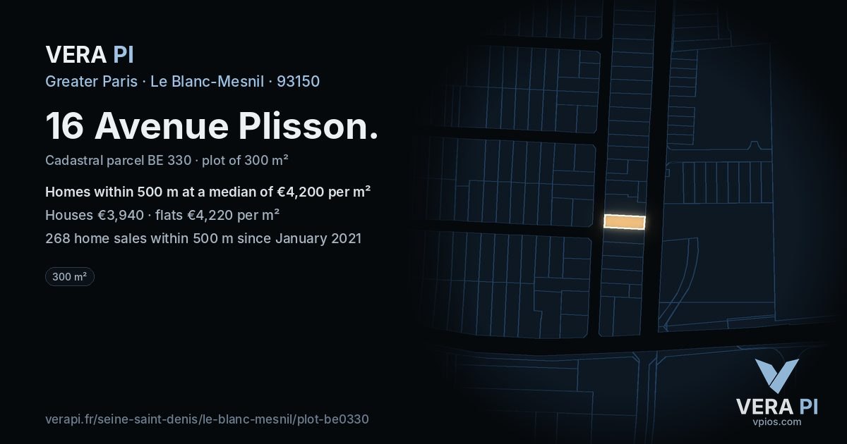 16 Avenue Plisson, Le Blanc-Mesnil at night – the plot lit, the parcels around coloured by the prices near them