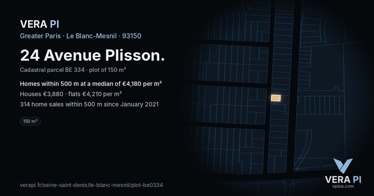 24 Avenue Plisson, Le Blanc-Mesnil at night – the plot lit, the parcels around coloured by the prices near them