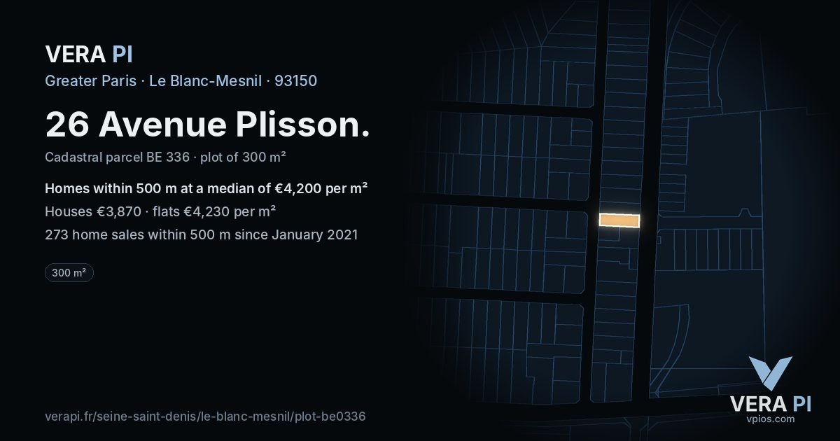 26 Avenue Plisson, Le Blanc-Mesnil at night – the plot lit, the parcels around coloured by the prices near them
