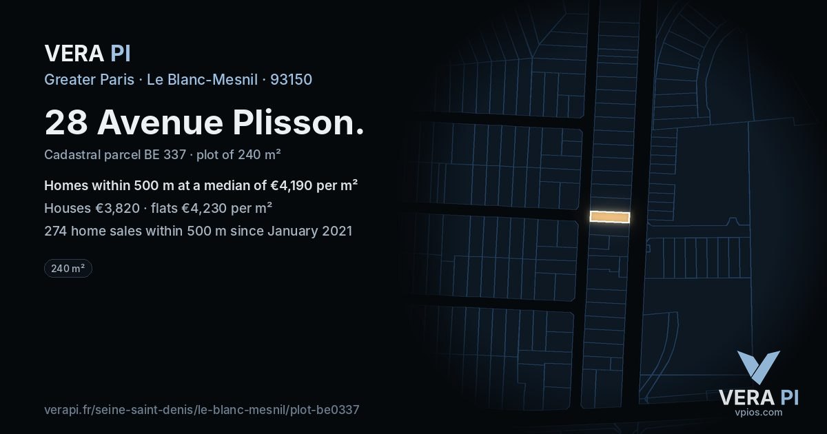 28 Avenue Plisson, Le Blanc-Mesnil at night – the plot lit, the parcels around coloured by the prices near them