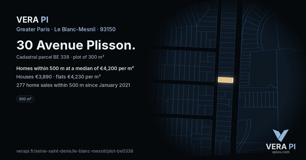 30 Avenue Plisson, Le Blanc-Mesnil at night – the plot lit, the parcels around coloured by the prices near them