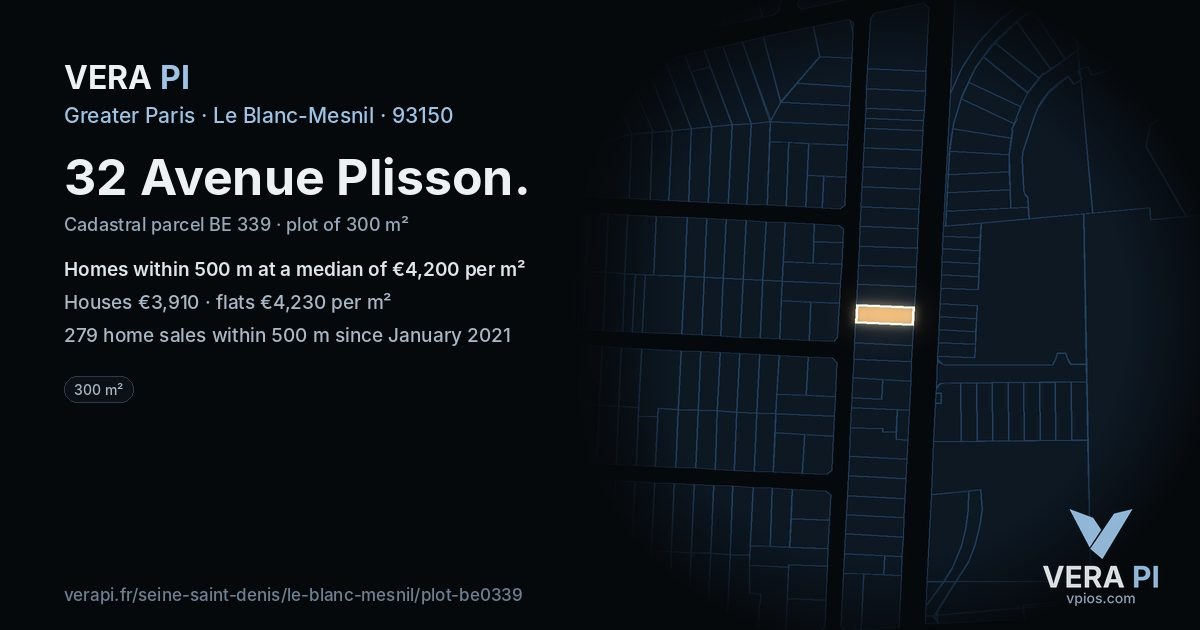 32 Avenue Plisson, Le Blanc-Mesnil at night – the plot lit, the parcels around coloured by the prices near them