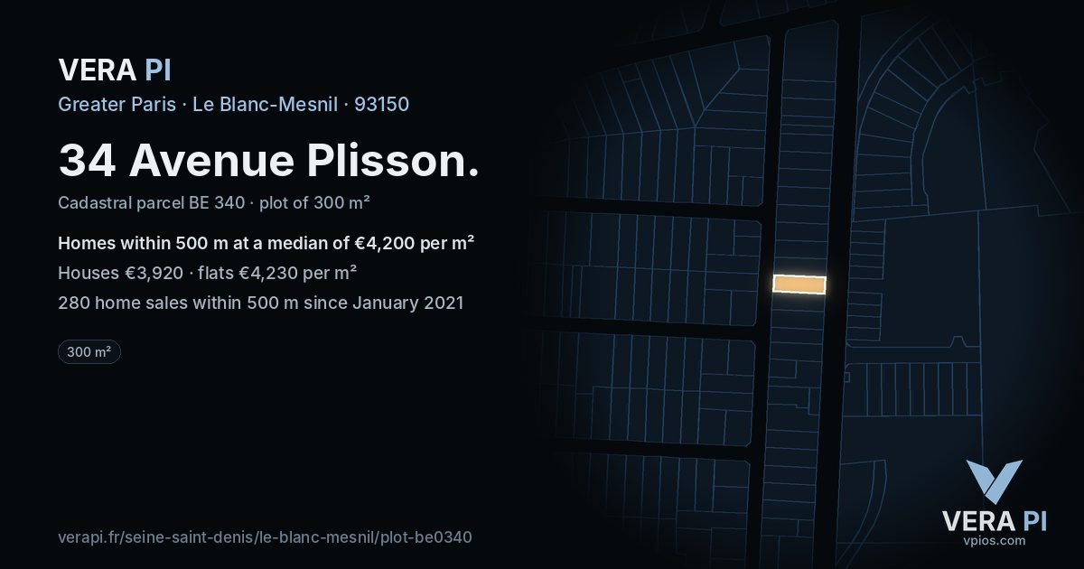 34 Avenue Plisson, Le Blanc-Mesnil at night – the plot lit, the parcels around coloured by the prices near them