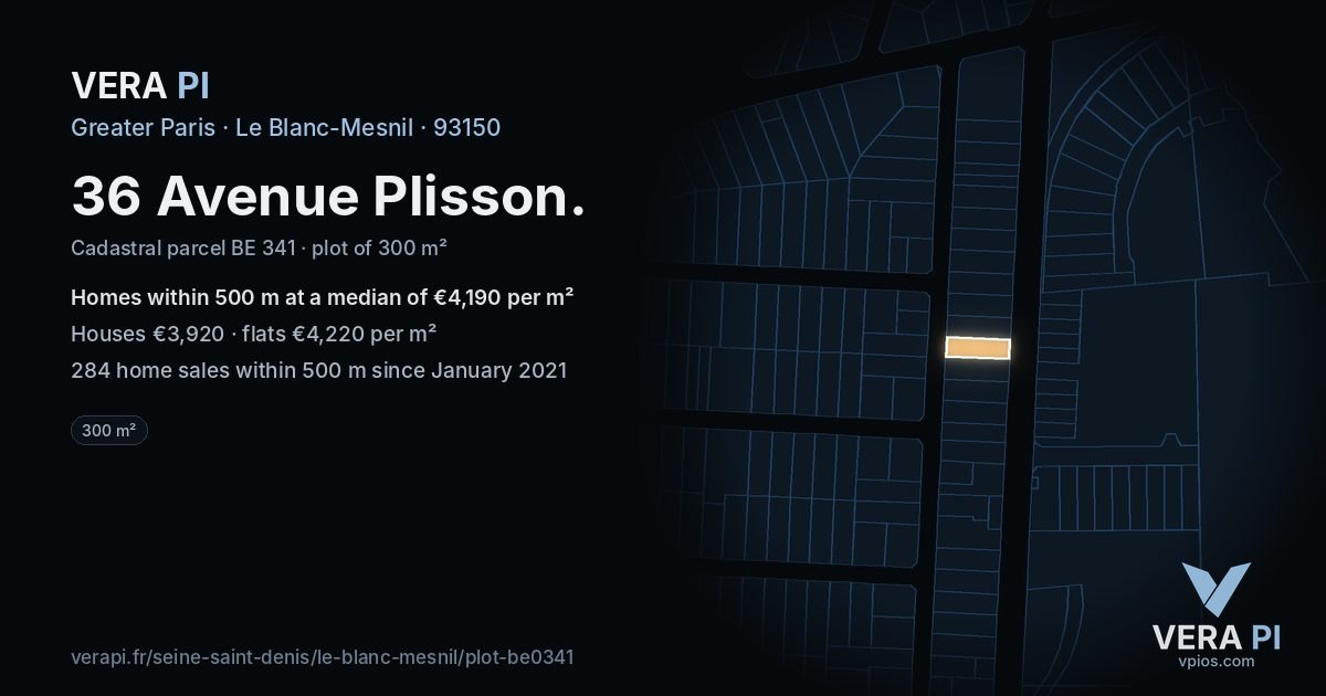 36 Avenue Plisson, Le Blanc-Mesnil at night – the plot lit, the parcels around coloured by the prices near them