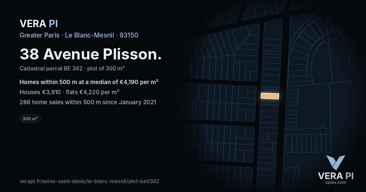 38 Avenue Plisson, Le Blanc-Mesnil at night – the plot lit, the parcels around coloured by the prices near them