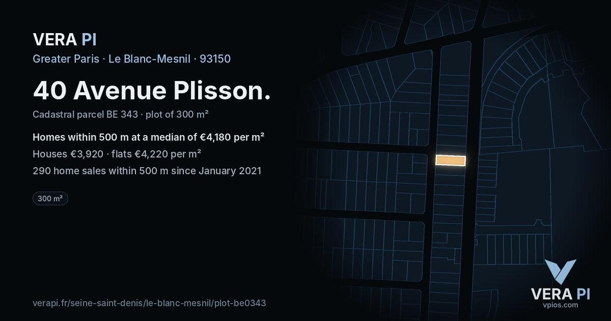 40 Avenue Plisson, Le Blanc-Mesnil at night – the plot lit, the parcels around coloured by the prices near them