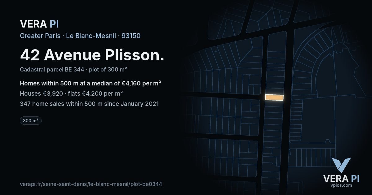 42 Avenue Plisson, Le Blanc-Mesnil at night – the plot lit, the parcels around coloured by the prices near them