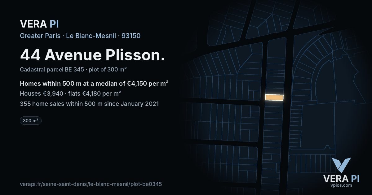 44 Avenue Plisson, Le Blanc-Mesnil at night – the plot lit, the parcels around coloured by the prices near them