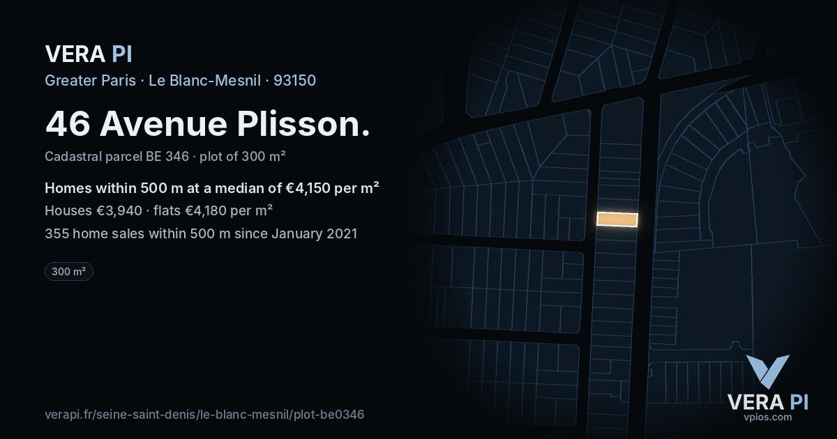 46 Avenue Plisson, Le Blanc-Mesnil at night – the plot lit, the parcels around coloured by the prices near them