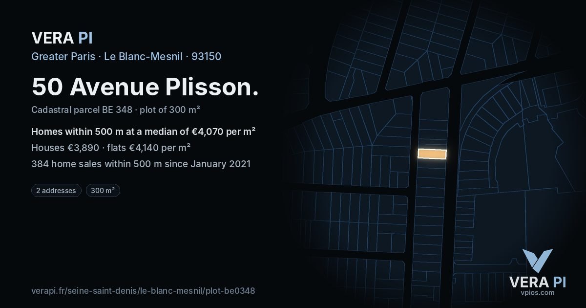 50 Avenue Plisson, Le Blanc-Mesnil at night – the plot lit, the parcels around coloured by the prices near them
