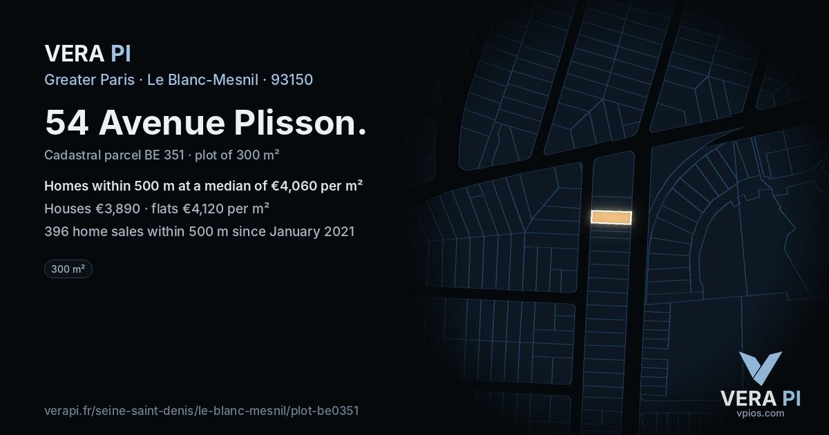 54 Avenue Plisson, Le Blanc-Mesnil at night – the plot lit, the parcels around coloured by the prices near them