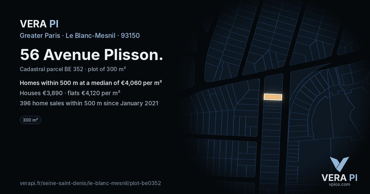 56 Avenue Plisson, Le Blanc-Mesnil at night – the plot lit, the parcels around coloured by the prices near them