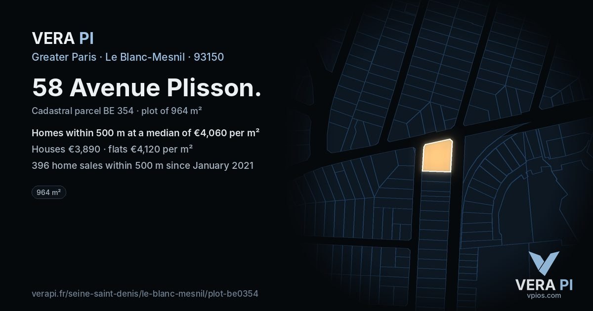 58 Avenue Plisson, Le Blanc-Mesnil at night – the plot lit, the parcels around coloured by the prices near them