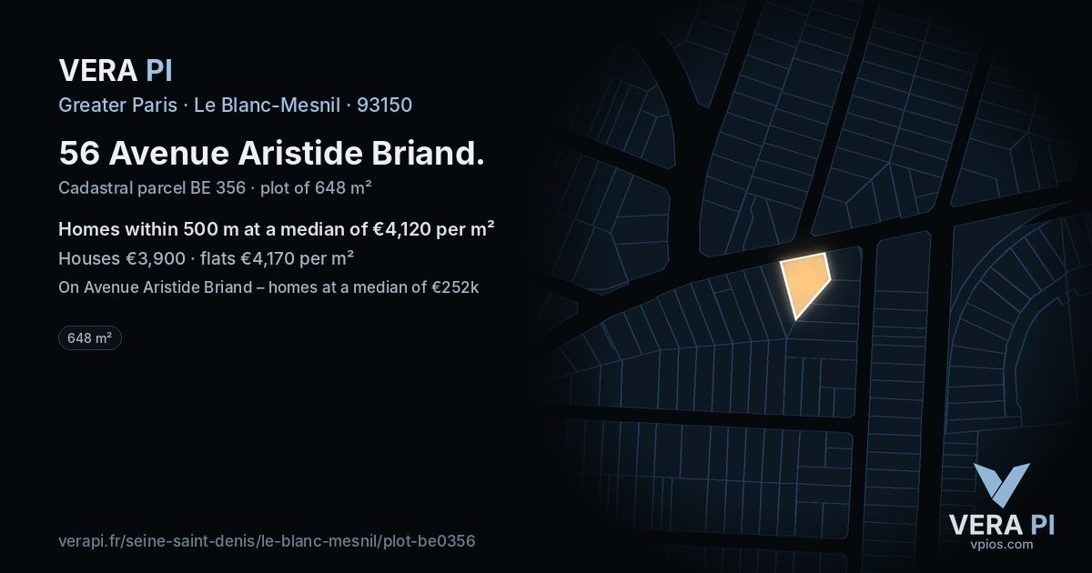 56 Avenue Aristide Briand, Le Blanc-Mesnil at night – the plot lit, the parcels around coloured by the prices near them