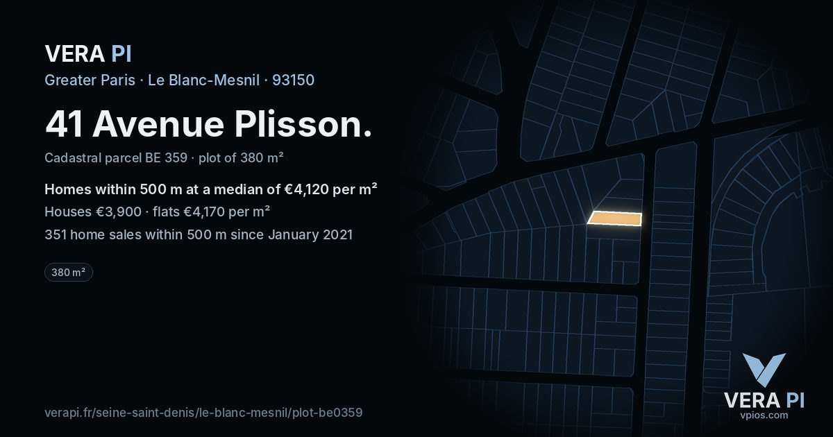 41 Avenue Plisson, Le Blanc-Mesnil at night – the plot lit, the parcels around coloured by the prices near them