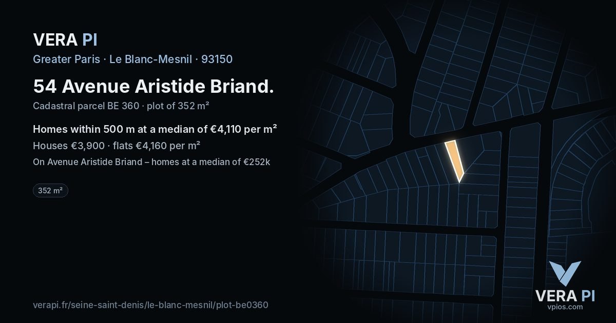 54 Avenue Aristide Briand, Le Blanc-Mesnil at night – the plot lit, the parcels around coloured by the prices near them