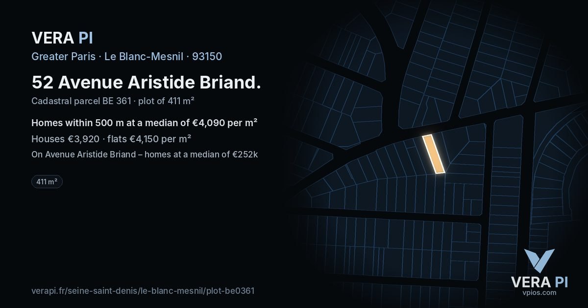 52 Avenue Aristide Briand, Le Blanc-Mesnil at night – the plot lit, the parcels around coloured by the prices near them