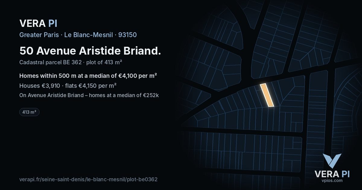50 Avenue Aristide Briand, Le Blanc-Mesnil at night – the plot lit, the parcels around coloured by the prices near them