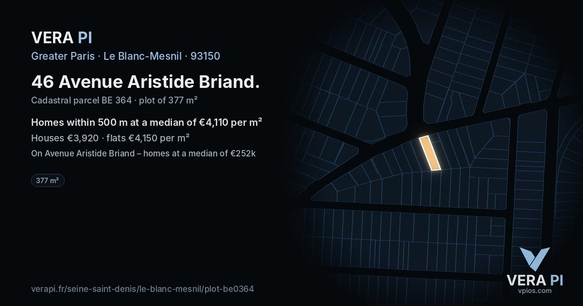 46 Avenue Aristide Briand, Le Blanc-Mesnil at night – the plot lit, the parcels around coloured by the prices near them