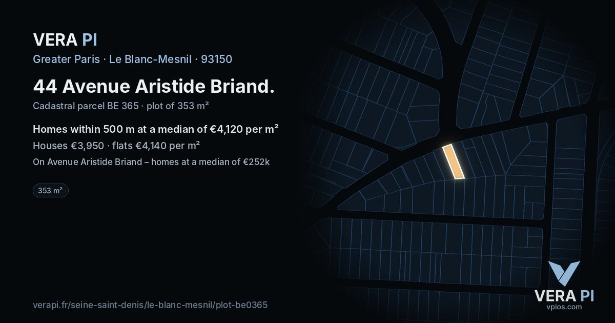 44 Avenue Aristide Briand, Le Blanc-Mesnil at night – the plot lit, the parcels around coloured by the prices near them