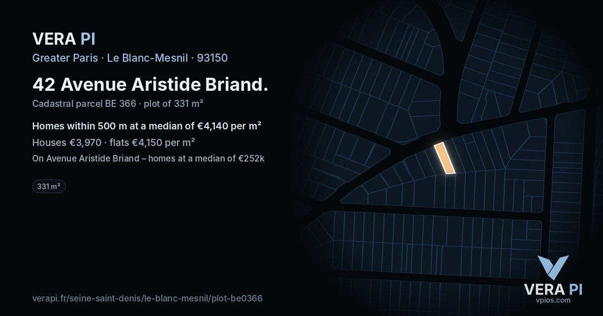 42 Avenue Aristide Briand, Le Blanc-Mesnil at night – the plot lit, the parcels around coloured by the prices near them