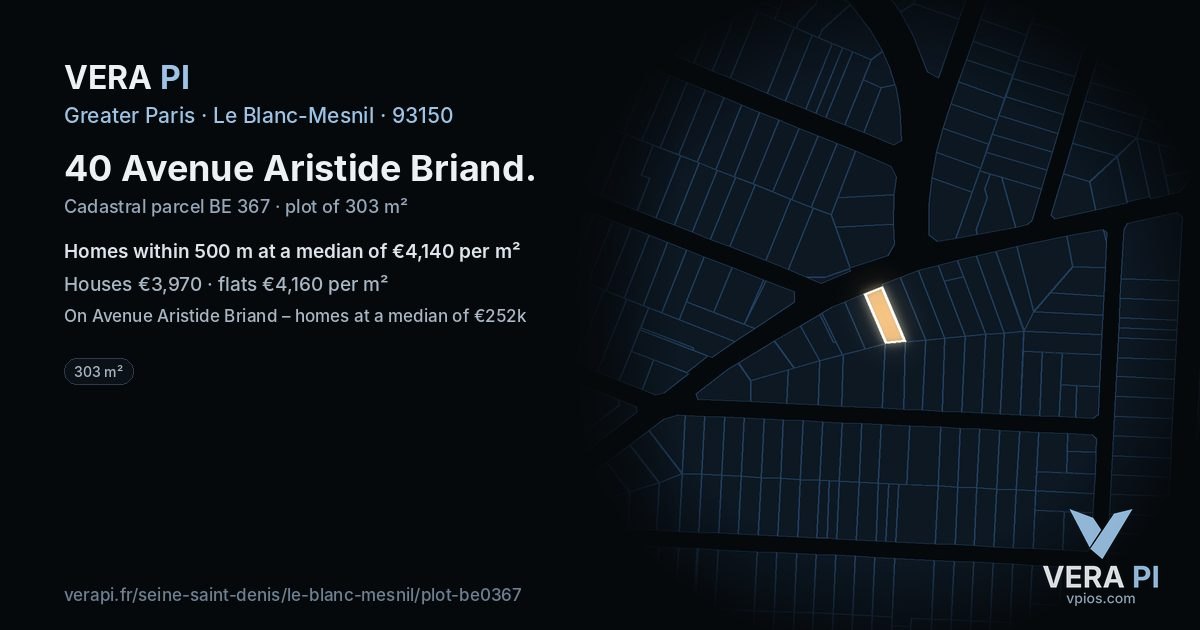 40 Avenue Aristide Briand, Le Blanc-Mesnil at night – the plot lit, the parcels around coloured by the prices near them