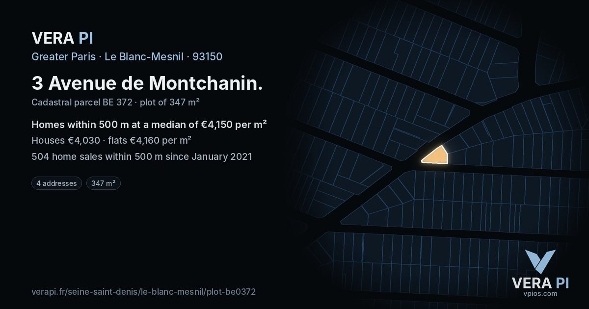 3 Avenue de Montchanin, Le Blanc-Mesnil at night – the plot lit, the parcels around coloured by the prices near them