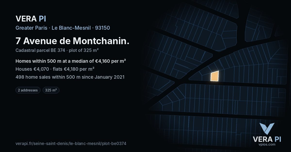 7 Avenue de Montchanin, Le Blanc-Mesnil at night – the plot lit, the parcels around coloured by the prices near them