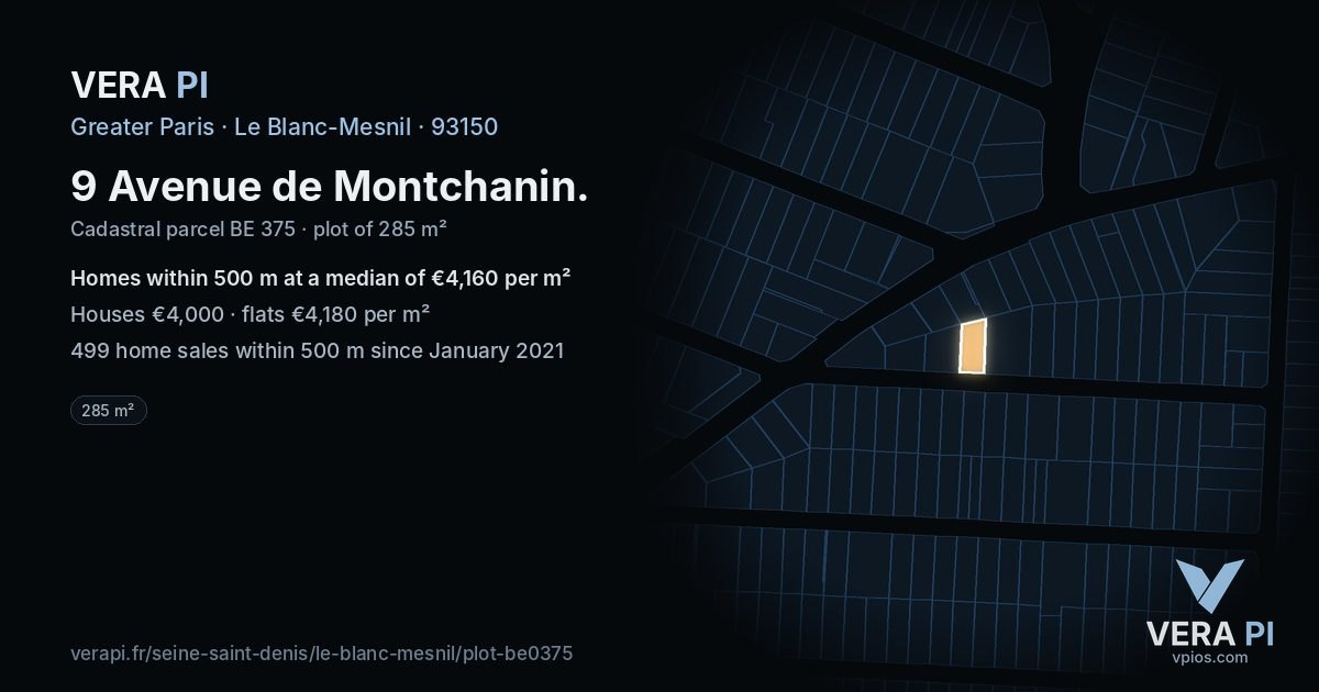 9 Avenue de Montchanin, Le Blanc-Mesnil at night – the plot lit, the parcels around coloured by the prices near them