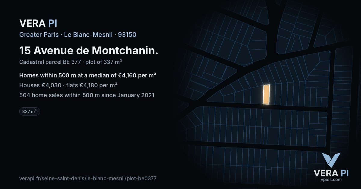 15 Avenue de Montchanin, Le Blanc-Mesnil at night – the plot lit, the parcels around coloured by the prices near them